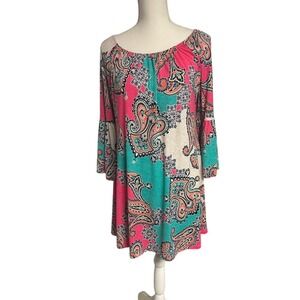 Glamour Farms Pink Green Paisley Bell‎ Sleeve Midi Dress Women's Medium